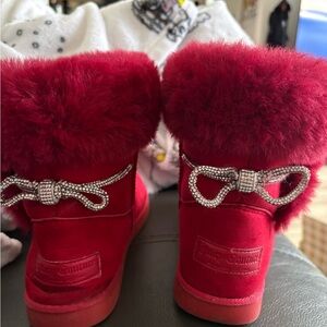 Juicy Couture Red Winter Boots with Fur and Rhinestone Bow
